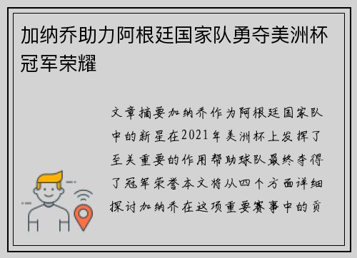 加纳乔助力阿根廷国家队勇夺美洲杯冠军荣耀 加纳乔助力阿根廷国家队勇夺美洲杯冠军荣耀